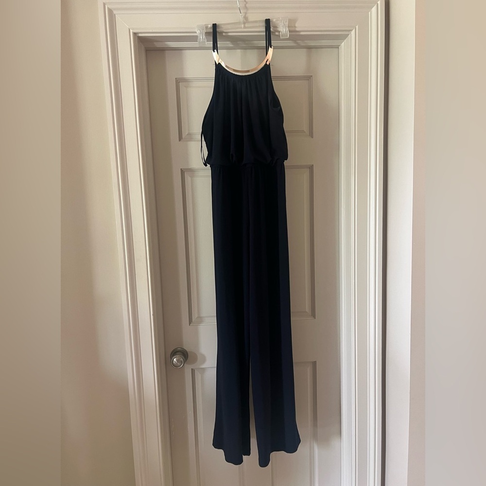 Emma and Michelle, navy sleeveless jumpsuit elastic waste, gold necklace, large - Picture 6 of 12